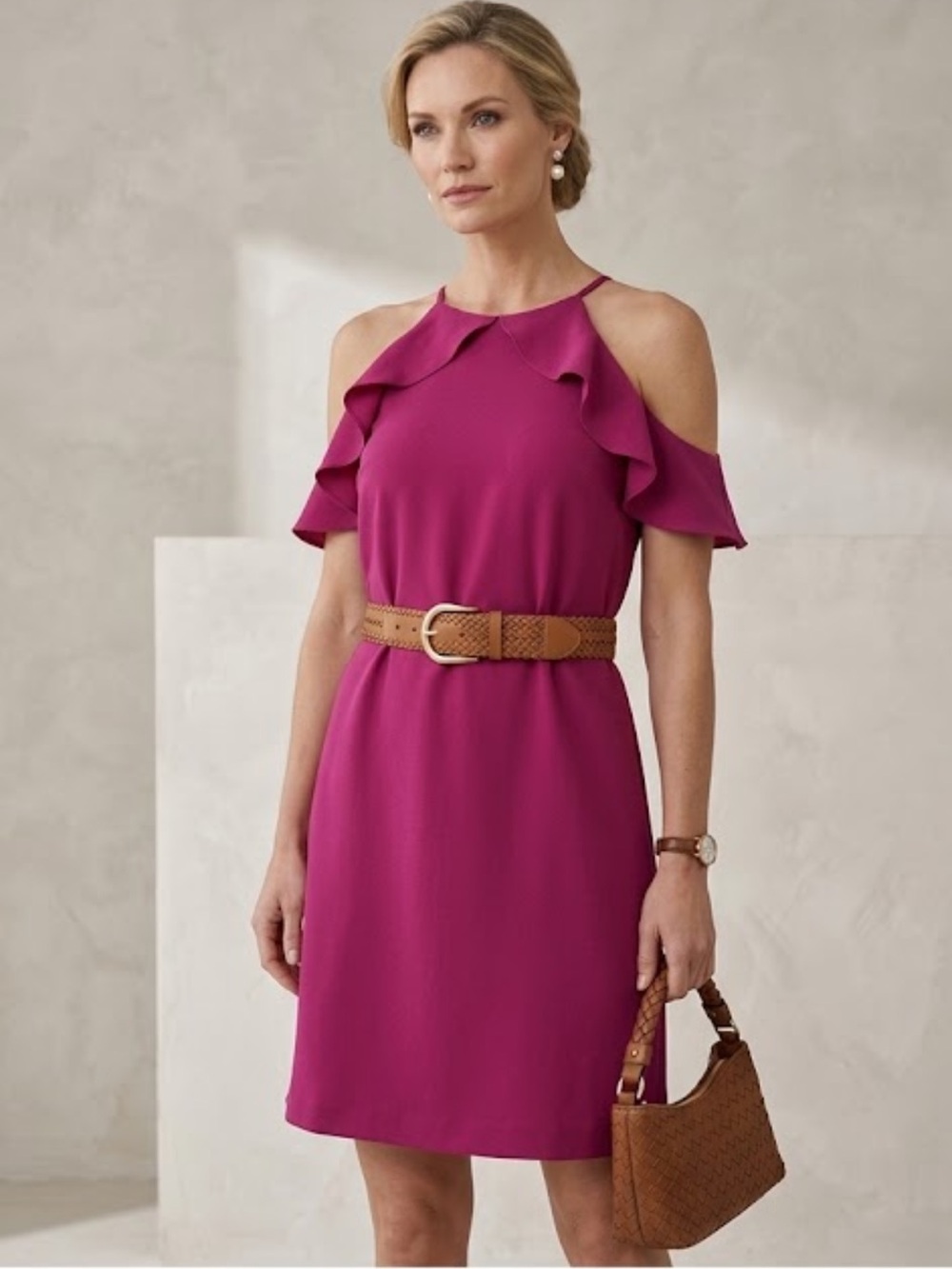 Cooper & Ella Raspberry Saga Cold Shoulder Ruffle Dress - Size M